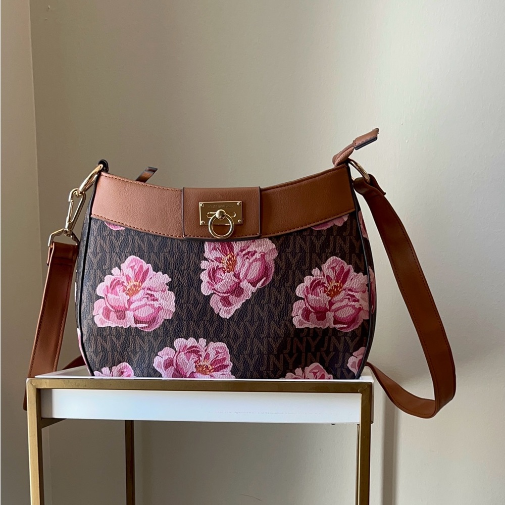 JONES NEW YORK Signature Floral Crossbody Bag Brown Triple Compartment NWOT